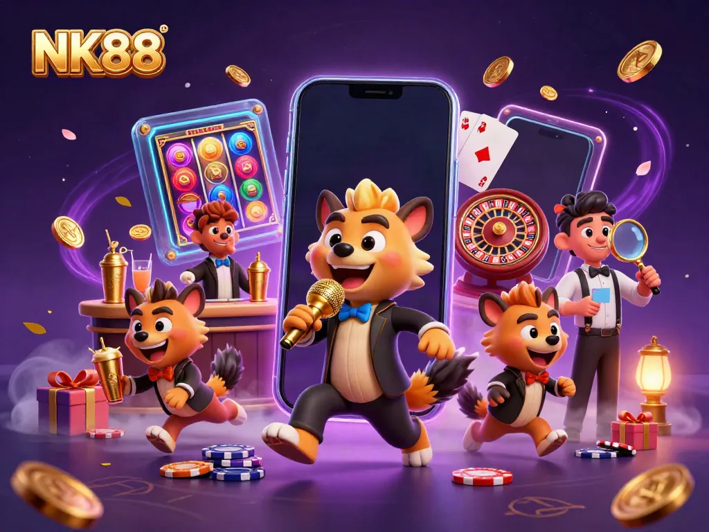 Experience exhilarating fun with NK88 in a lively casino scene featuring hyenas as entertainers.