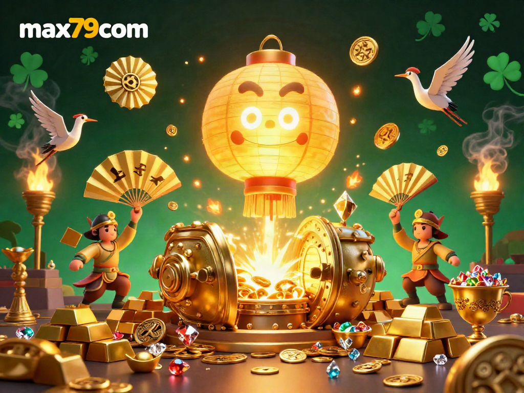 Experience the magical night market casino with max79com's golden lantern and treasures.