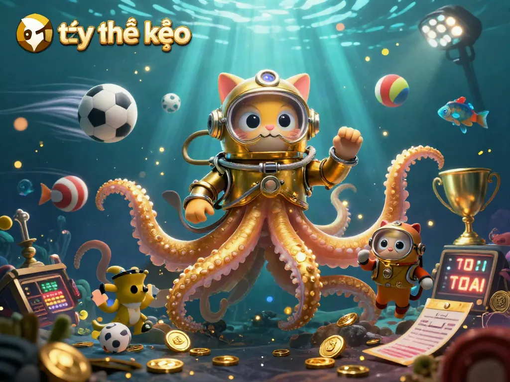 Explore tỷ lệ kèo as a colossal kraken and diving cat adventure in a vibrant sports-themed ocean