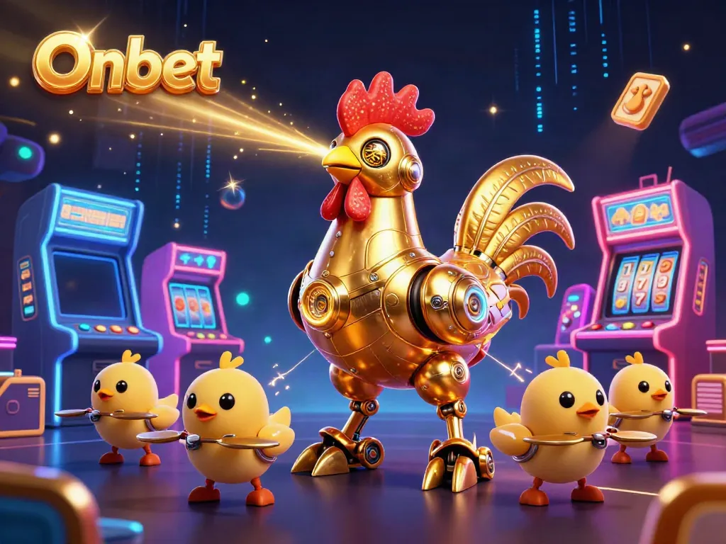 Engage with thrilling games at Onbet featuring a vibrant 3D rooster robot amidst colorful casino elements.