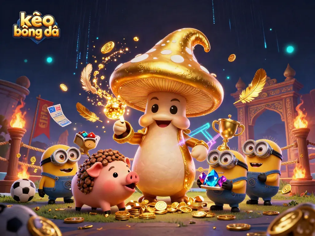 Experience thrilling kèo bóng đá action with a magical scene of wizards and treasure in a sports betting arena.