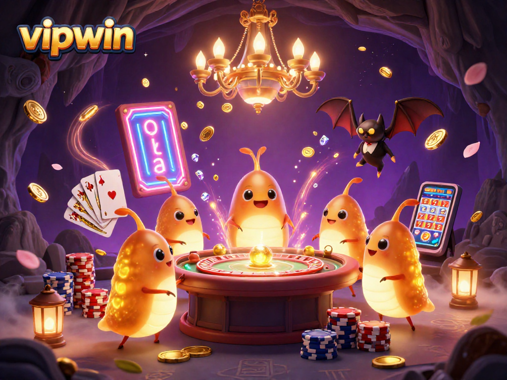 Experience thrilling moments at vipwin with a vibrant casino scene featuring animated glowworms and a bat dealer.