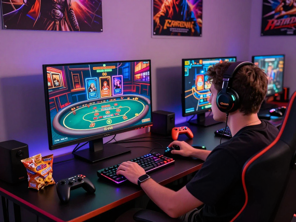 Engaged player enjoying GB 444 online gaming experience with vibrant setup and live casino games.