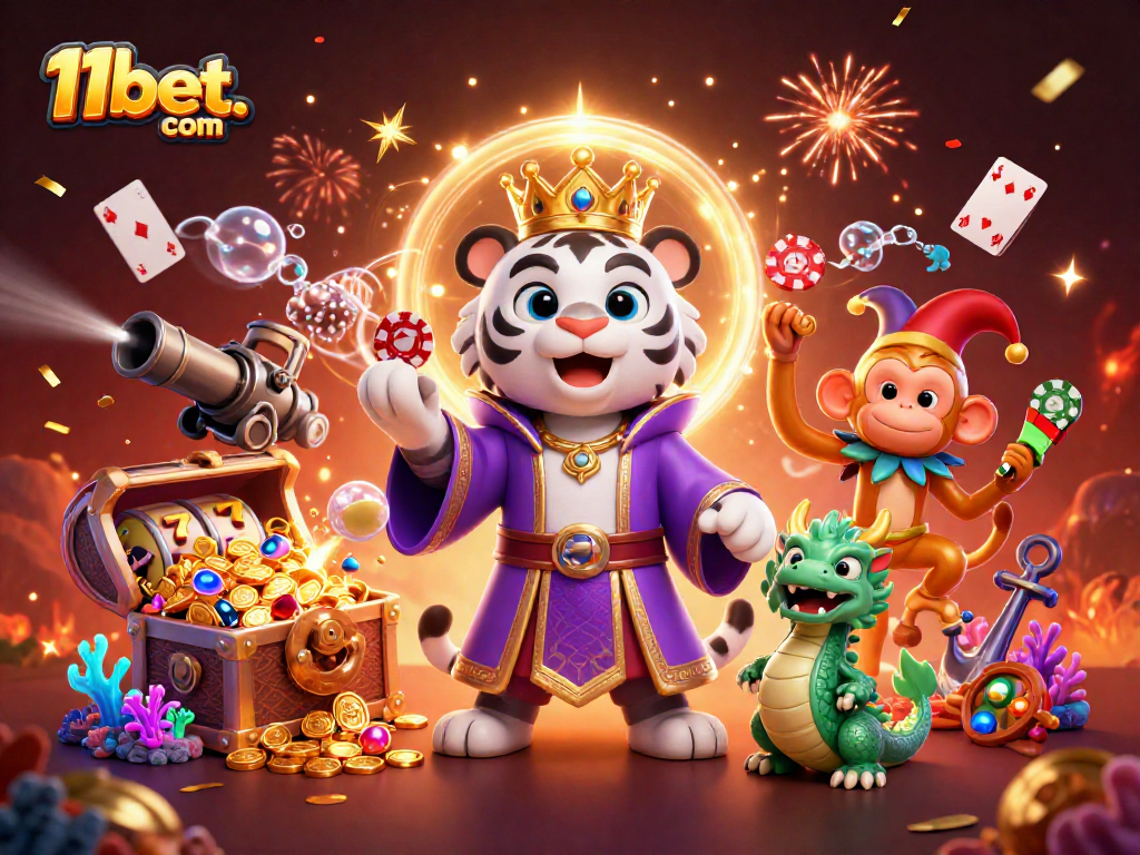 Join the excitement at 11bet. com with a majestic tiger, monkey juggling chips, and vibrant casino elements.