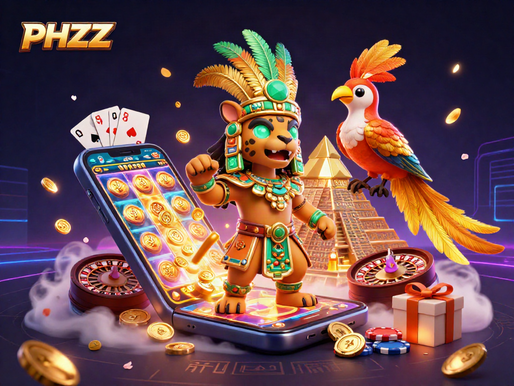 Play exciting slot games with PHZZZ in a vibrant casino treasure scene.