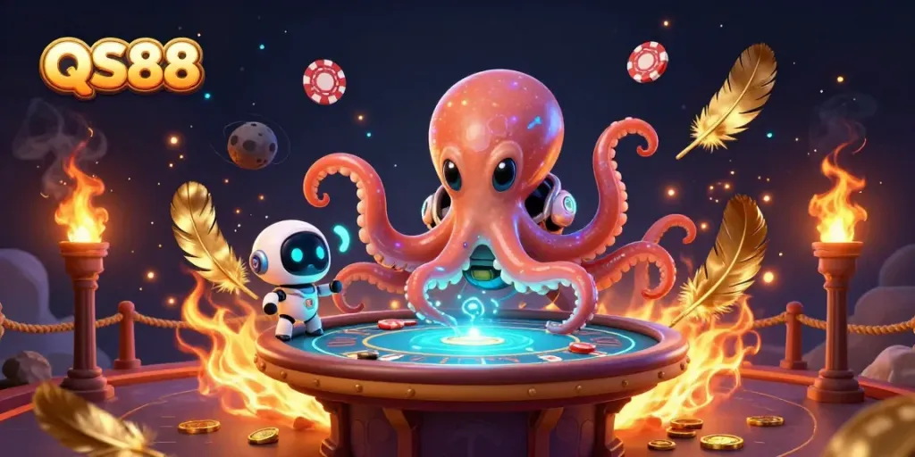 Experience exhilarating gaming action at QS88 with a 3D cartoon alien octopus at a holographic poker table.