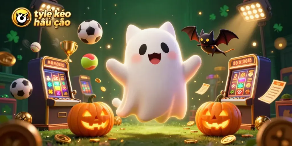 Bettors engage with tỷ lệ kèo nhà cái in an animated ghostly casino world, surrounded by sports elements.