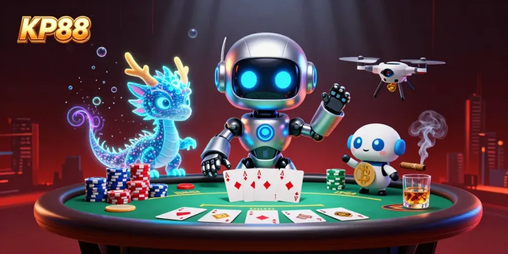 Witness the excitement of KP88 with a cyberpunk mascot and poker action in a vibrant casino scene.