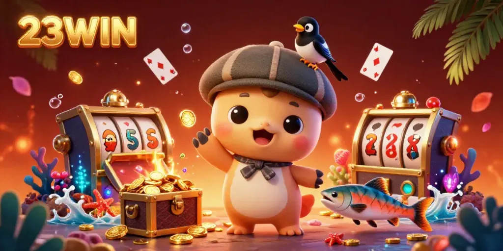 Experience excitement at 23WIN with a dynamic 3D illustration of Nessie, gold, and slot elements.