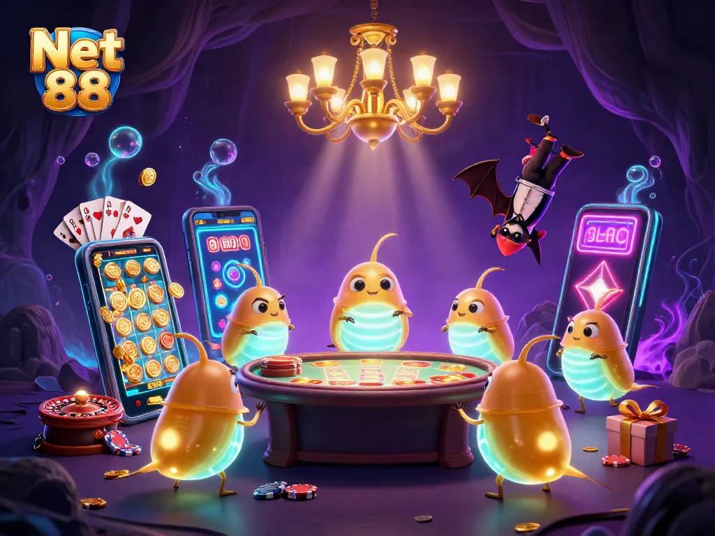 Bettors explore the vibrant Net 88 casino scene featuring glowing glowworms and interactive gaming elements.