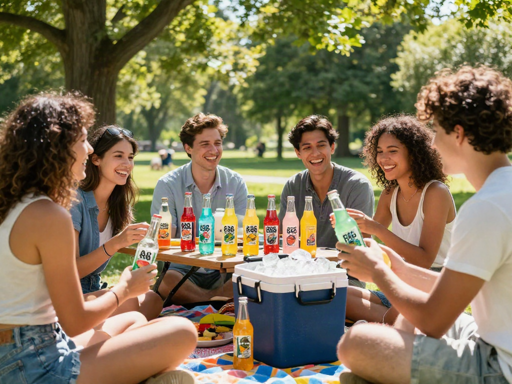 Friends enjoying ROKOK88 Soda Fresh at a sunny picnic, highlighting the lively atmosphere.