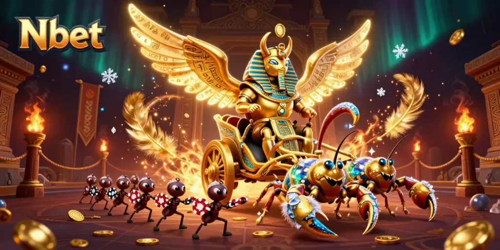 N bet showcasing an elaborate casino scene with a golden scarab and scorpions in a dynamic gambling environment.