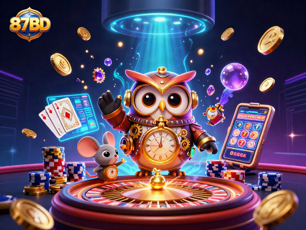 Experience the excitement of 87BD with a vibrant 3D casino scene featuring steampunk characters and dynamic game elements.