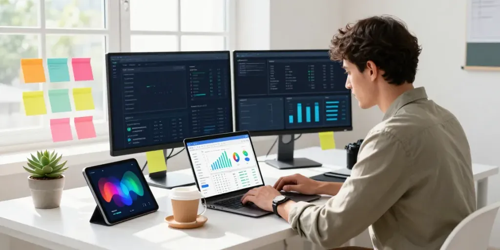 Digital marketer using instant indexing tools in a modern workspace.