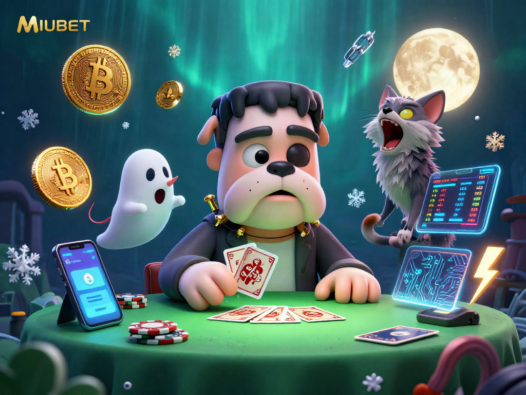 MUBET showcases a thrilling 3D cartoon scene with a Frankenstein bulldog and werewolf kitten in a vibrant casino.