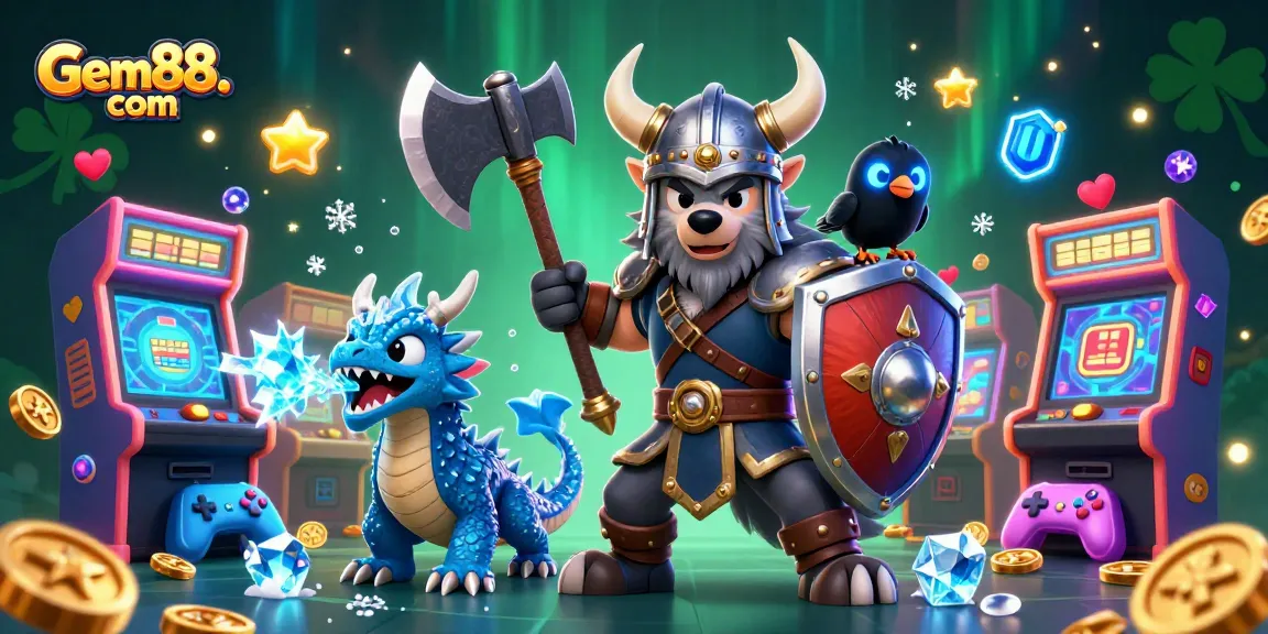 Engage in thrilling gaming adventures at Gem88. com with captivating 3D visuals of a Viking warrior, dragon, and glowing coins.