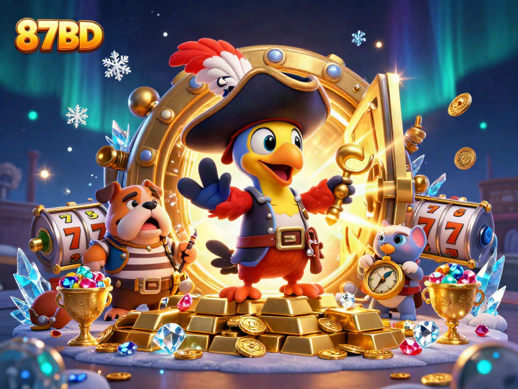 Engage in exciting gambling with 87BD featuring a lively pirate scene filled with slot reels and treasures.