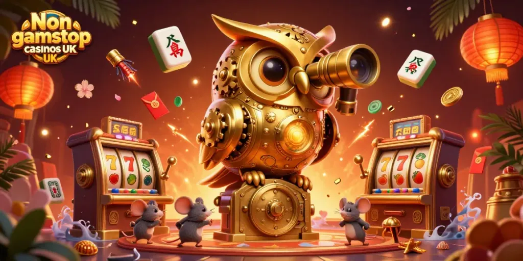 Engaging illustration of Non gamstop casinos UK showcasing a golden owl and bustling casino elements.