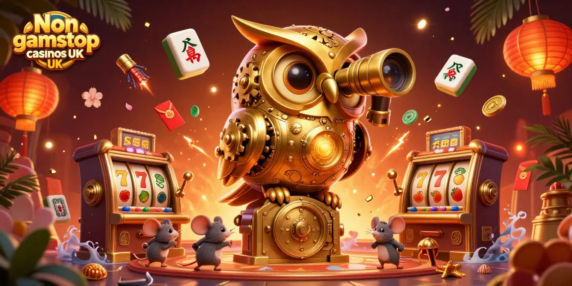 Engaging illustration of Non gamstop casinos UK showcasing a golden owl and bustling casino elements.