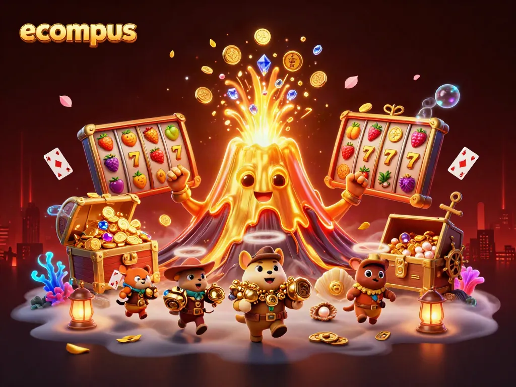 Experience the exhilarating world of ecompus with vibrant slot machines, golden treasures, and a triumphant volcano.