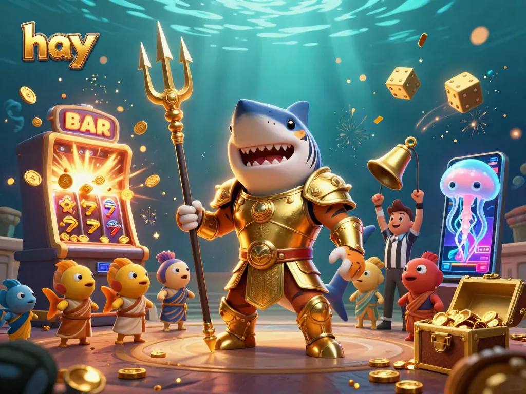 Experience big wins with hay at a vibrant underwater casino scene featuring slot machines and a fierce tiger shark.