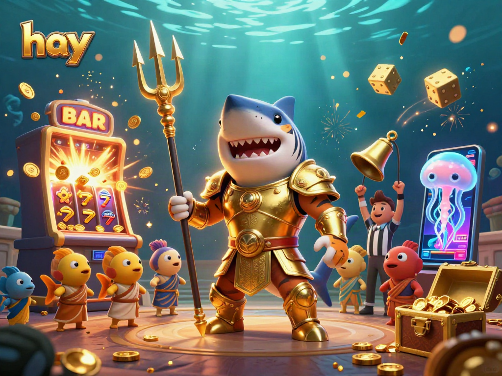 Experience big wins with hay at a vibrant underwater casino scene featuring slot machines and a fierce tiger shark.