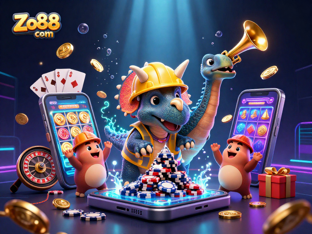Engage with the thrilling world of Zo88 com as a triceratops builds poker chip pyramids amidst explosive gaming action.
