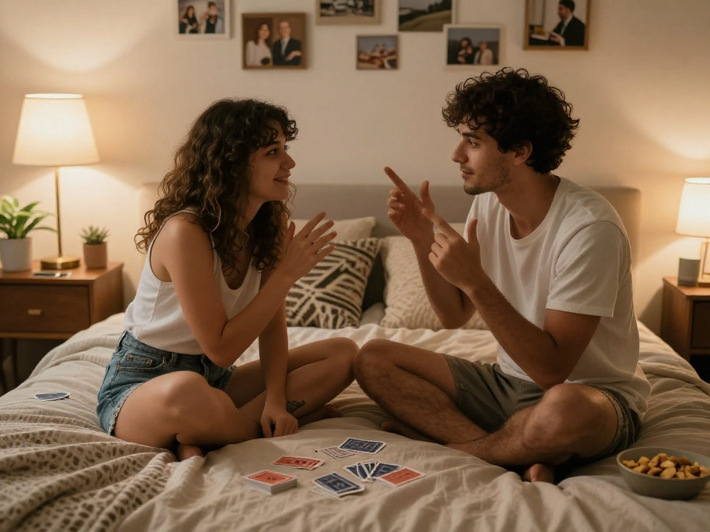 Couple enjoying playful conversation in warm bedroom, exploring ai sex themes in a cozy setting.
