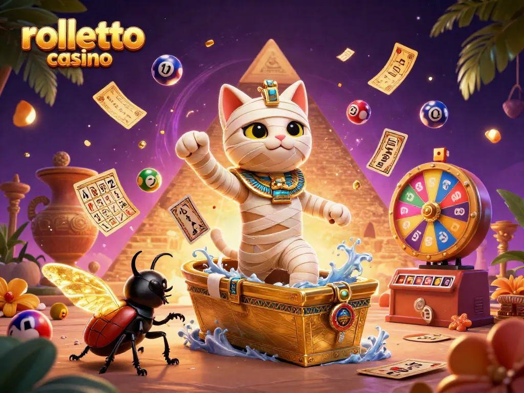 Experience the excitement at rolletto casino with vibrant illustrations of a mummy cat and scarab beetle.