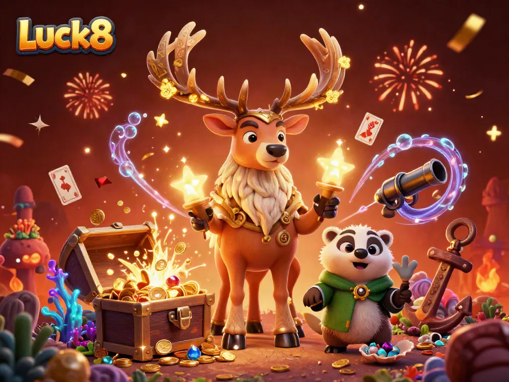 Experience the thrill of Luck8 with vibrant gaming elements and mystical characters in a captivating scene.