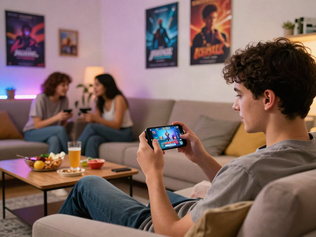 Engaging living room scene featuring friends playing a mobile porn game on a smartphone.