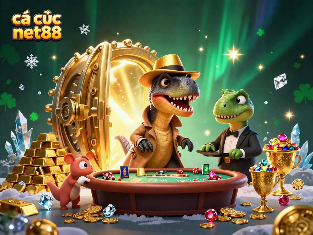 Engage with cá cược net88 at a vibrant casino scene with cartoon dinosaurs in action.