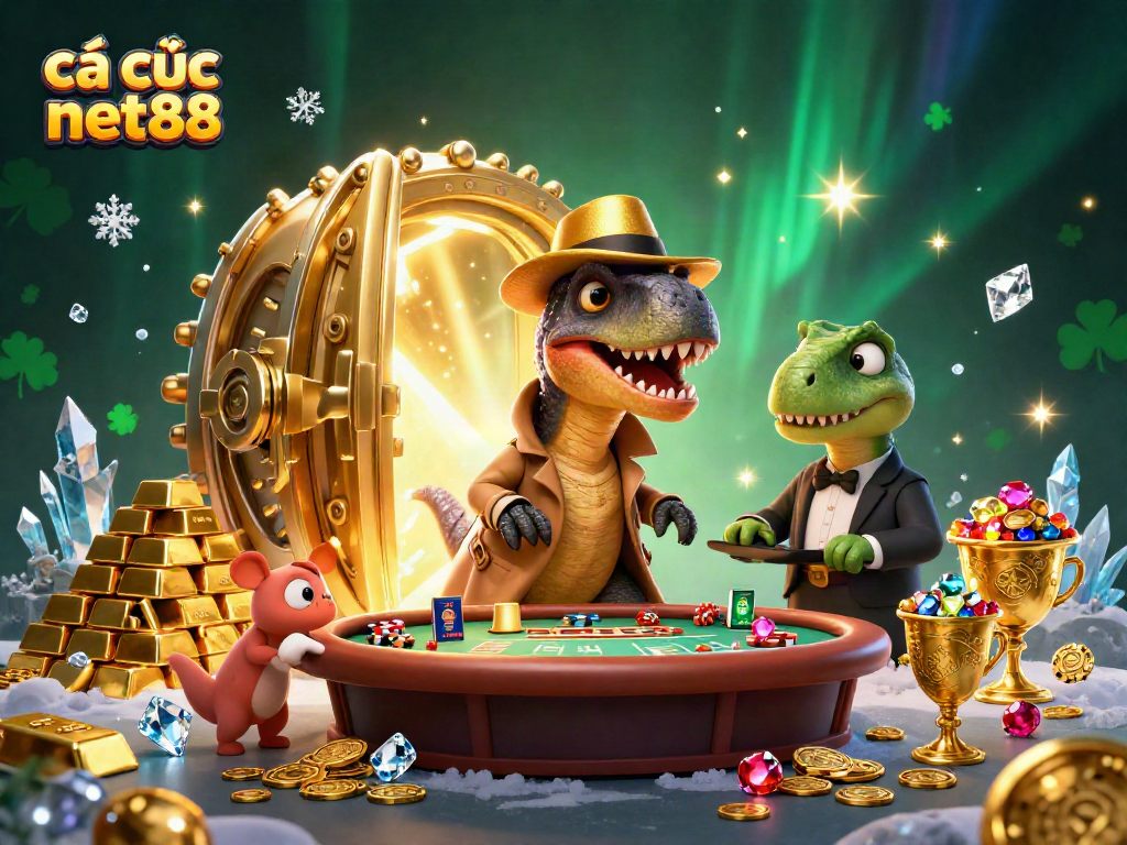 Engage with cá cược net88 at a vibrant casino scene with cartoon dinosaurs in action.