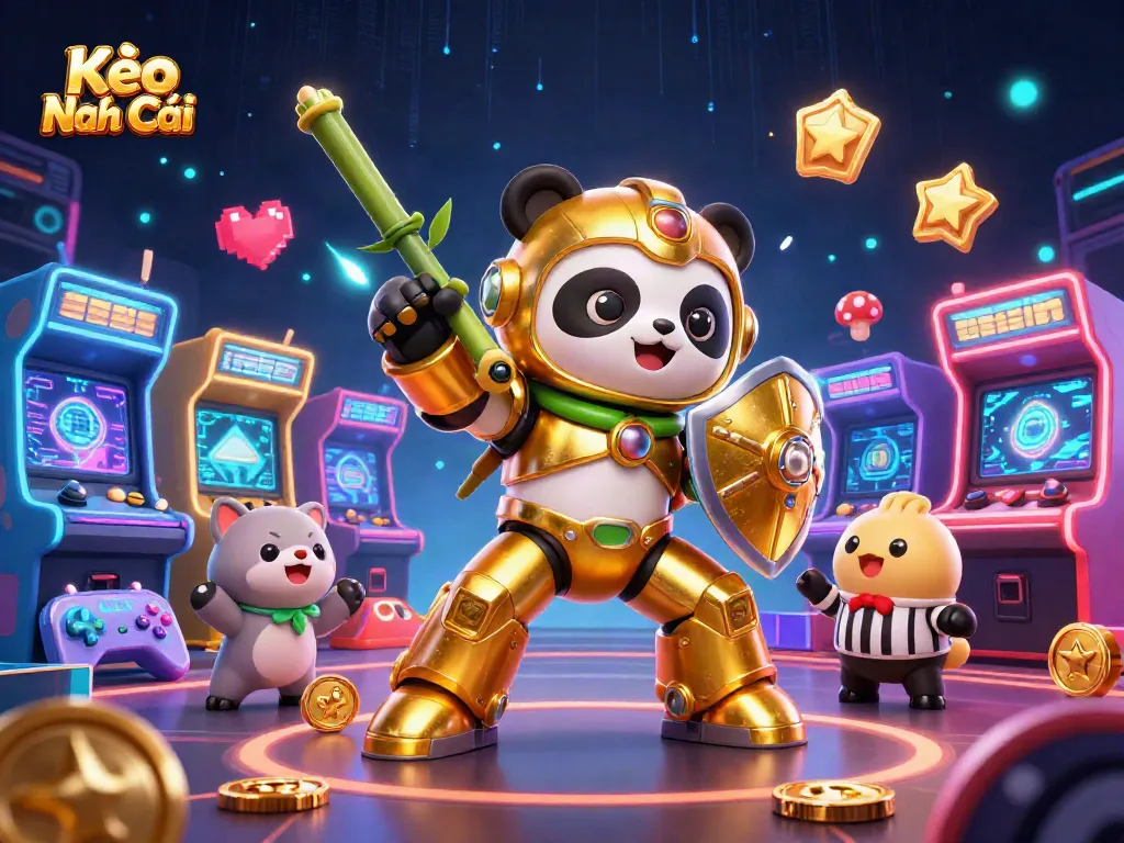 Experience Kèo Nhà Cái with a dynamic scene of a golden panda in a bamboo robot, combatting in an electrifying arena.