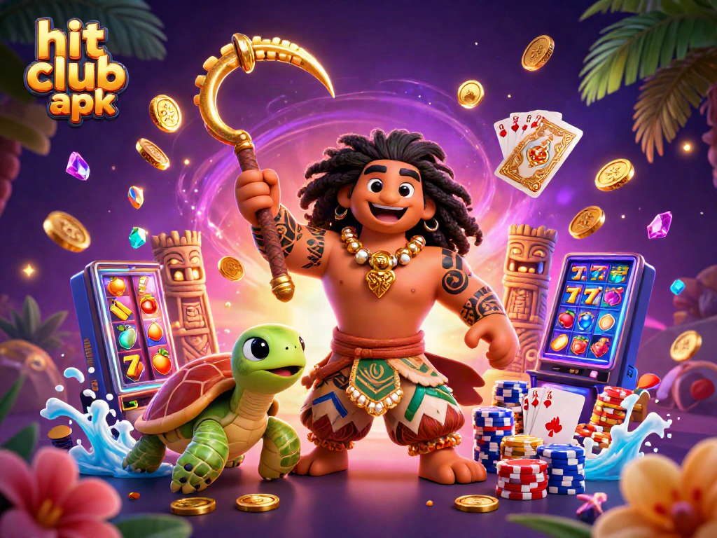 Engage with the hit club apk through vibrant casino elements and dynamic characters in a colorful 3D scene.