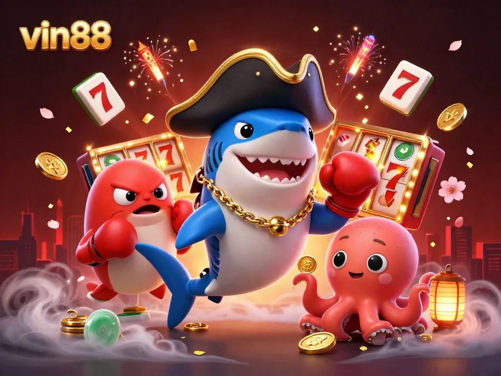 Experience vibrant winnings with vin88's animated characters in an exciting casino scene.